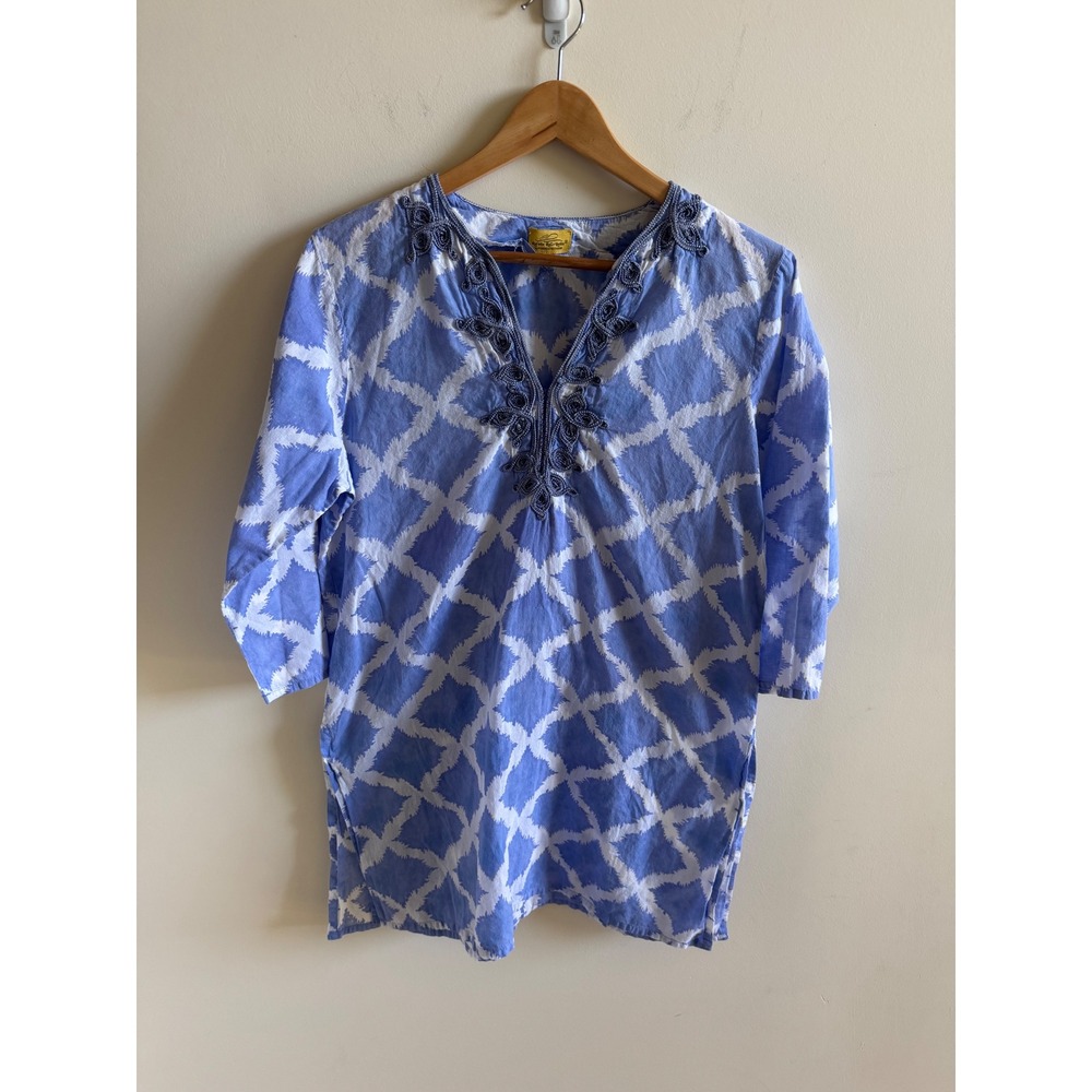 Roberta Roller Rabbit Blue White Ikat Embroidered Cotton Tunic Top Womens Medium